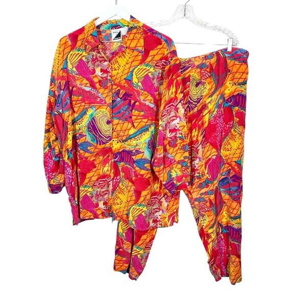 Vintage Albert & Pearl 100% Silk Tropical Fish Multicolor Shirt and Pants Set - Picture 1 of 16